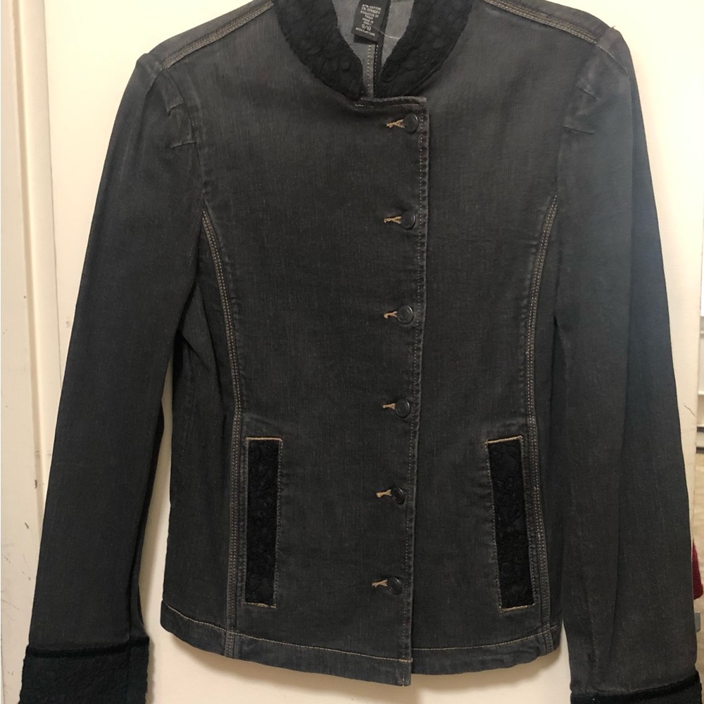 Express Women's Black Denim Jacket with lace collar and cuff